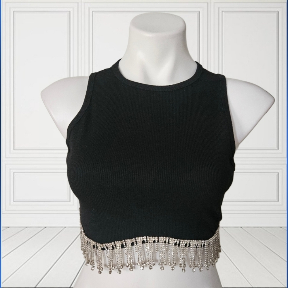 Black Crop Top with Beaded Fringe Small - Picture 2 of 5
